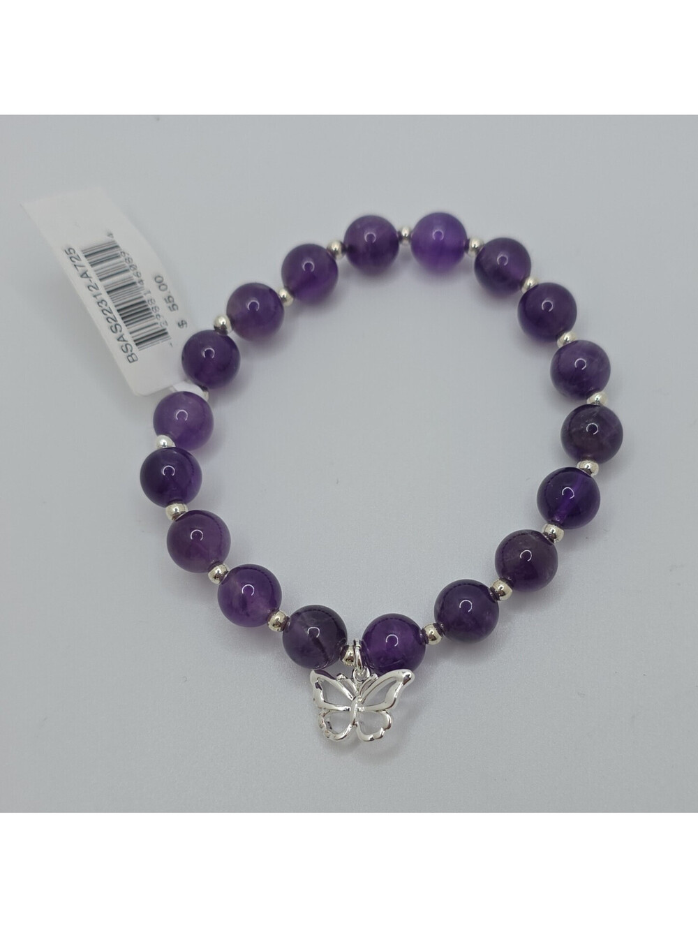 Purple Silver Beaded Charm Bracelet Amethyst Butterfly Dangle Adjustable Stretch